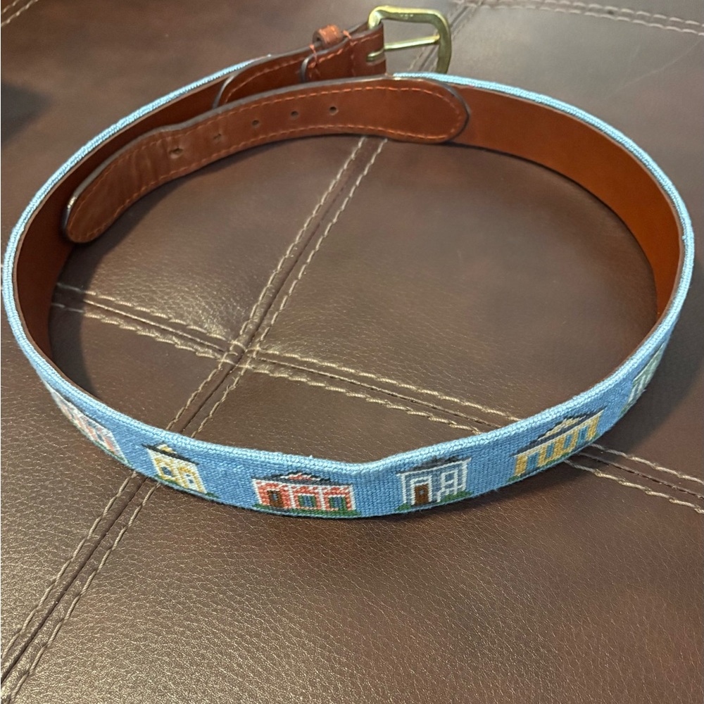 Perlis Shotgun Houses Embroidered Needlepoint Leather Belt w/ Brass Buckle
